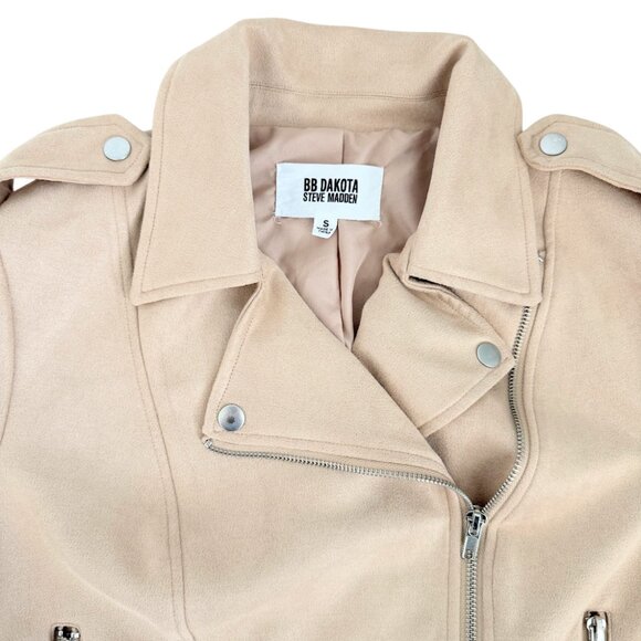 BB Dakota Steve Madden Faux Suede Moto Biker Jacket Tan Cropped Zip S - Picture 5 of 12